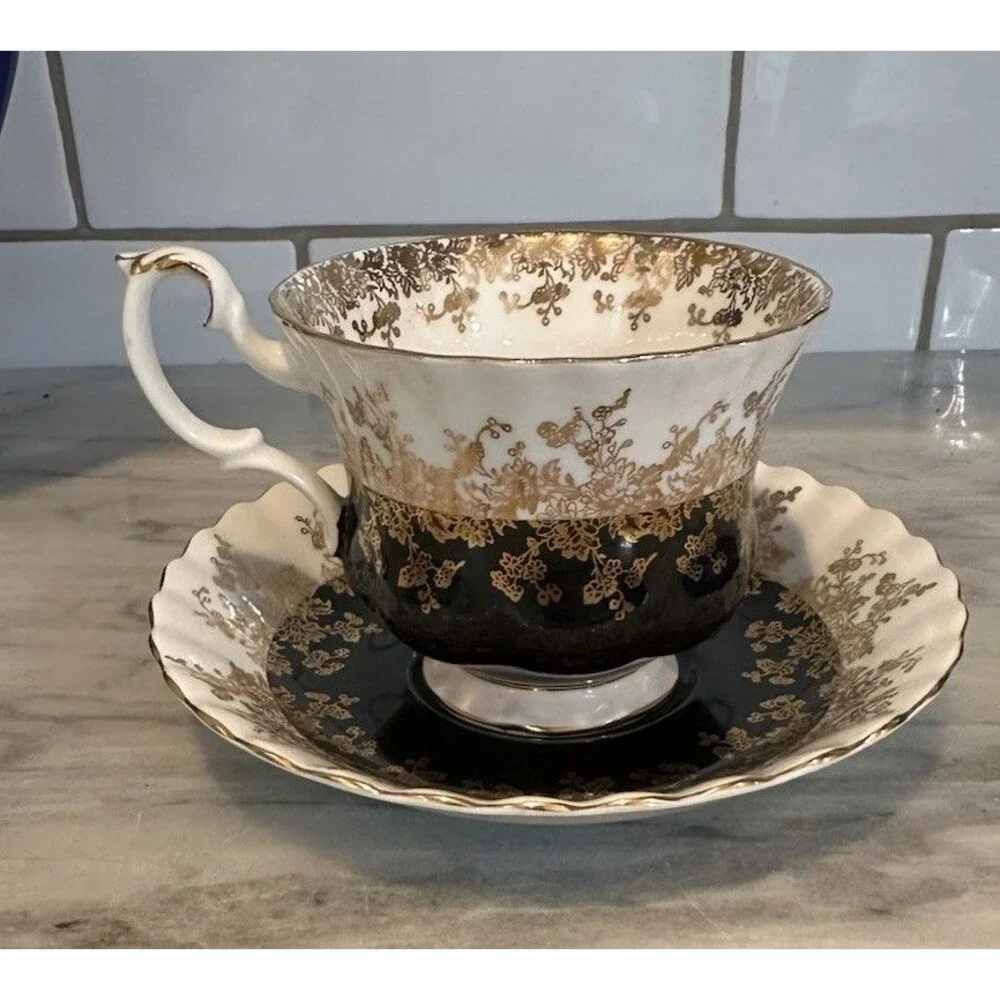 ROYAL ALBERT “Regal Series” Black White & Gold Bone China Footed Cup And Saucer